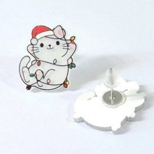 Cat Christmas Ear Post Stud Earrings Silver Tone Multicolor-Acrylic